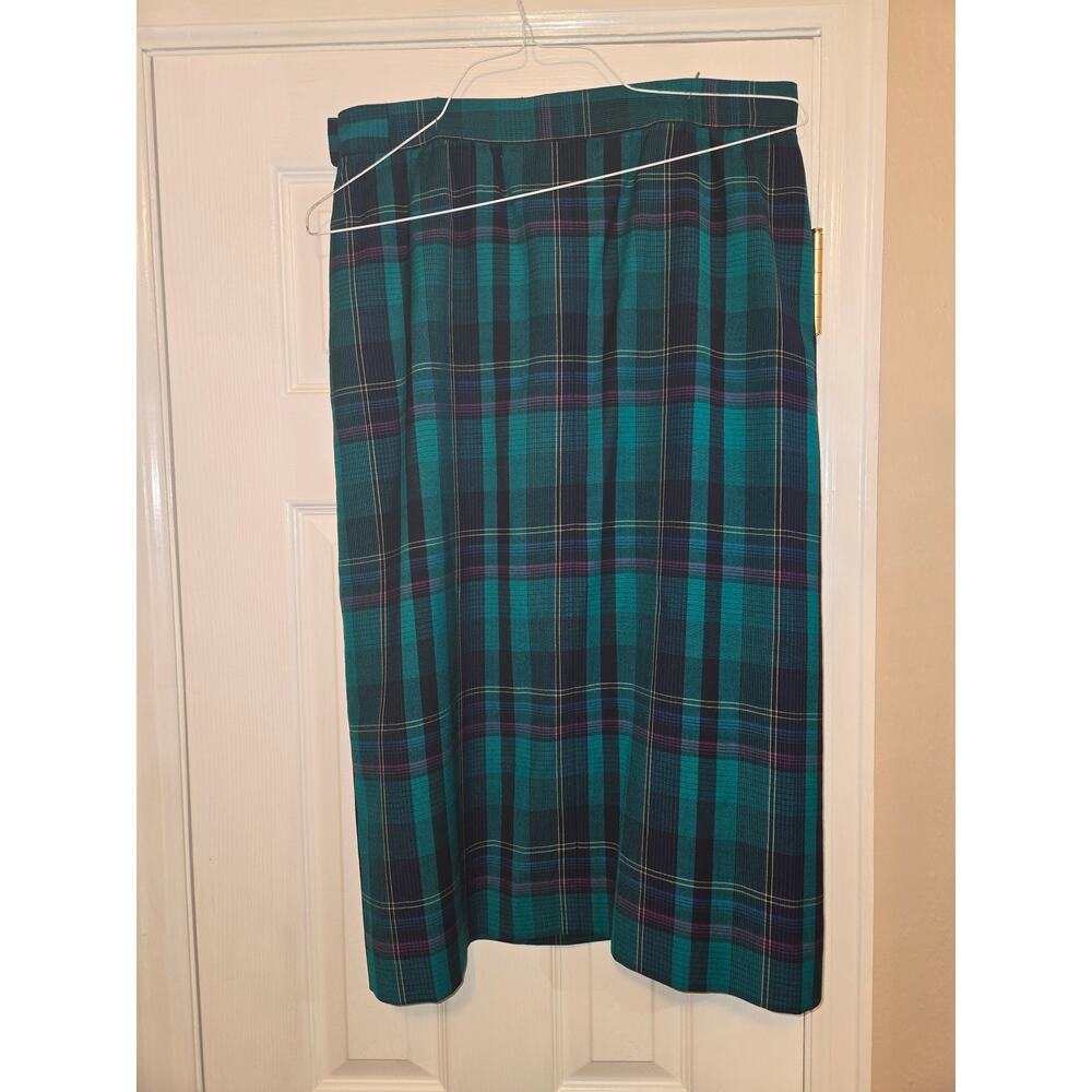 Sz 12 PENDLETON Vintage Teal Green Plaid Gathered Button Waist Zip Midi Skirt - Picture 7 of 7